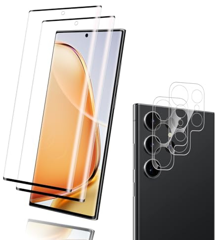 2+2 pièces Verre Trempé pour Samsung Galaxy S23 Ultra, 0,33mm 9H Résistant aux Rayures vitre protection, HD Toucher Sensible protection écran, 3D Sans Bulle S23 Ultra Caméra Arrière Protection D'écran