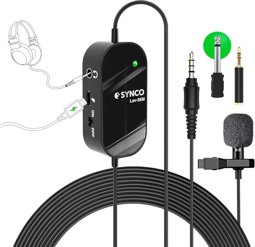 SYNCO Lavalier Microphone S6M, 3.5mm Audio-Monitor Port Clip-on Condenser Mic Support USB Charging, 6M/19.7 FT Cable Noise Reduction for YouTube, Interview, Conference, Live Broadcast