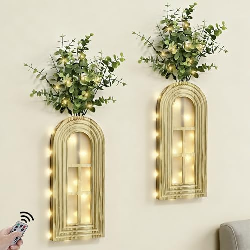 HOMECOR Hanging Wooden Vase Wall Decor - Set of 2, Brown Finish Boho & Modern Farmhouse Decor Artificial Plants, Wall Art for Living Room, Bedroom, Bathroom Home Decor Gift Idea