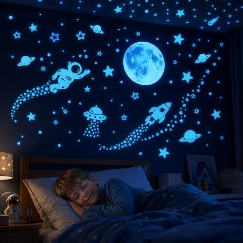 Quelcc 1513 Stück leuchtende Sterne Mond Sternenhimmel Aufkleber, Fluoreszierend Selbstklebend Wandaufkleber, Leuchtaufkleber für Kinderzimmer Baby Schlafzimmer Deko, Blau