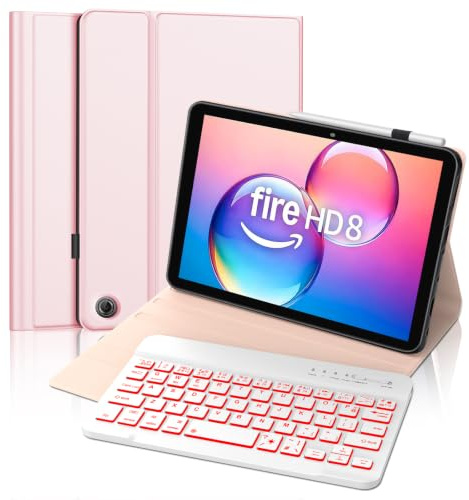 FOGARI Keyboard Case for Fire HD 8 inch (14th/12th Gen 2024/2022) | Backlit UK Layout BT Keyboard Cover for HD 8/Plus/Kids/Kids Pro 8, Rose