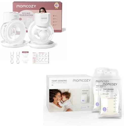 Momcozy S12 Pro Quick Wearable Breast Pump & 50PCS Temp-Sensing Breastmilk Storage Bags Bundle