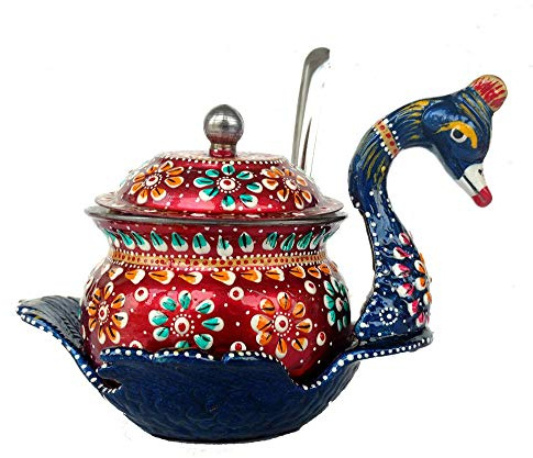 Rastogi Handicrafts Steel Hand Painted Red & Blue Platter Container,Kitchen Storage Bowl with Spoon and lid Dry Fruit Bowl Serving Diwali Christmas Gifts Size - (4X4X6 INCH)