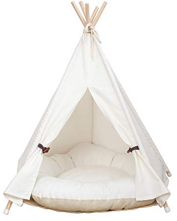 little dove,Hunde-Tipi-Zelt, Hause und Zelt mit Spitze für Hund oder Haustier, abnehmbar und waschbar mit Matraze,Weisse (S)
