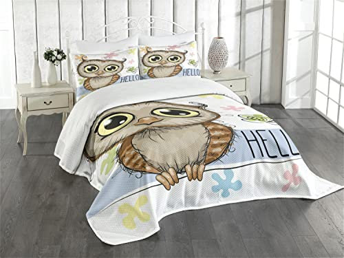 ABAKUHAUS Eulen Tagesdecke Set, Cartoon Schmetterling Hallo, Set mit Kissenbezug Romantischer Stil, für Einzelbetten 170 x 220 cm, Braun Beige