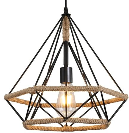 Riserva Lampada a Sospensione Vintage Industriale, Diamante Disegn Retrò Lampada da Soffitto Corda di Canapa, E27 Lampadario per Corridoio, Cucina, Soggiorno, Sala Da Pranzo (Ø 25 cm, Nero)