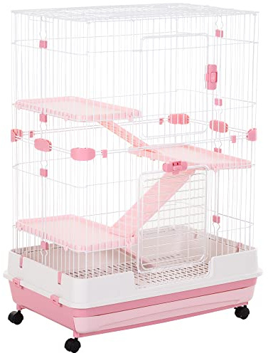 PawHut 4-Level Small Animal Cage Rabbit Hutch with Wheels, Removable Tray, Platform and Ramp for Bunny, Chinchillas, Ferret, Pink