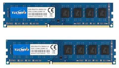 TECMIYO DDR3 16GB (2X8GB) RAM PC3-10600U DDR3 1333MHz Udimm PC3-10600 DDR3-1333 2RX8 Dual Rank 240 Pin 1,35/1,5V CL9 Nicht-ECM ungepuffertes Desktop-RAM-Speichermodul
