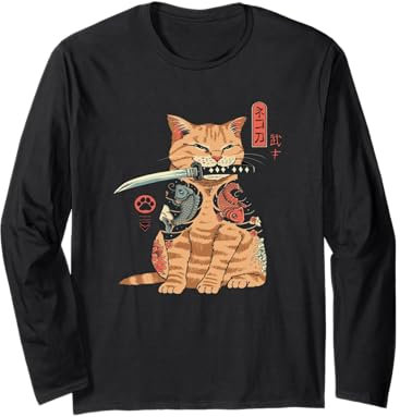 Japanese Samurai Ninja Cat Kawaii Tattoo Graphic Long Sleeve T-Shirt