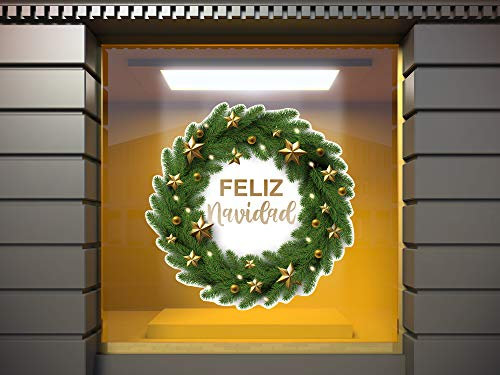 Adhesivo Transparente en Efecto Espejo Corona Ramas Pinos Feliz Navidad | 100 x 100 cm | Vinilo Económico y Original | Fondeado de Blanco