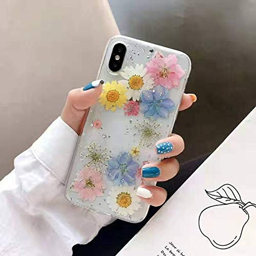 Emlivi Case for iPhone XS, Dry Flowers Scratch-Resistant Protective Case, Real Flower Transparent Crystal Case, Drop Protection Silicone Mobile Phone Case for Apple iPhone X (5.8 Inch) Case Cover, Two