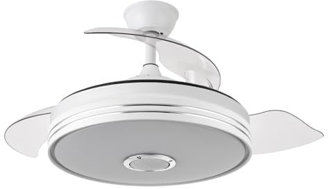 FABRILAMP ESPARTA Ventilador de techo con luz led, motor DC, color blanco, aspas retráctiles, mando a distancia, temporizador, memoria de luz, 3 tonalidades y 6 velocidades