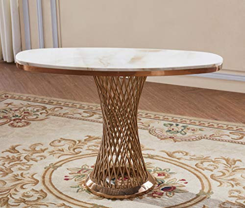 Modern Unique Oval Natural Stone With Marble Effect And Lacquer Finish, White and Stainless Steel Console Table With Rose Gold Colour, 1100W x 400D x 770H, Living Room Furniture