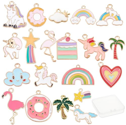 SUNNYCLUE 1 Box 40 Stück 20 Stile Legierung Emaille Einhorn Anhänger Regenbogen Claud Charms Buntes Herz Kuchen Blume Baum Ohrring Charm Baumeln Für Frauen DIY Schmuckherstellung Armband Halskette