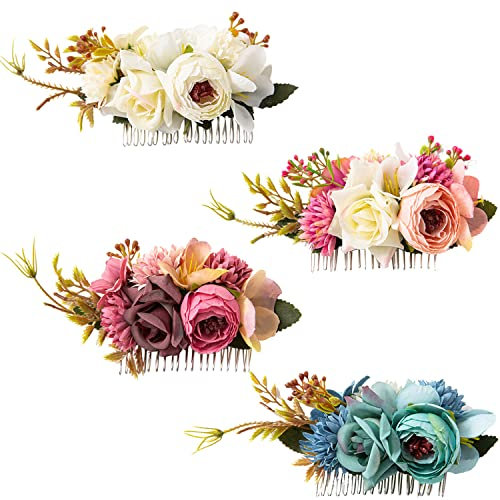 Cinaci 4 Stück künstliche Blumen-Metall-Haarkämme für Hochzeit, Braut, Kopfschmuck, Haarnadeln, Haarspangen, Dutt, Chignon, Haarschmuck für Frauen, Blumenmädchen, Bräute, Brautjungfern
