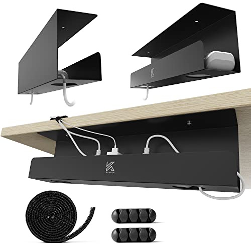 2 Pack Cable Management Tray – 16.5 inch Under Desk Cable Organizer Tray for Wire Power Strip - Safe Steel Cable Tray for Desks, Office, and Home (Black)
