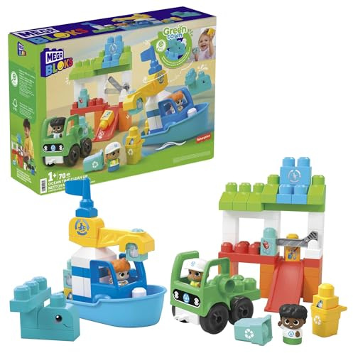 MEGA BLOKS Green Town Ozean-Reinigungsteam - Vorschul-Bauset mit 70 großen Bauklötzen, Boot und Truckbasis, 3 Fahrerfiguren und umweltfreundlichem Lernspielzeug für Kinder ab 1 Jahr, HPB49