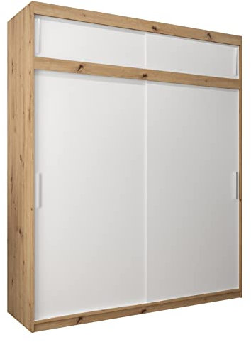 MEBLE KRYSPOL Tokyo 200 Kleiderschrank mit Zwei Schiebetüren für Schlafzimmer – moderner Aufbewahrungsschrank mit Kleiderstange und Regalen – 200x240x62cm - Artisan + Mattweiß mit Verlängerung
