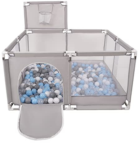 Selonis Laufstall Mit Korb Und 100 Bälle Bälle Laufgitter Für Kinder, Grau:Grau/Weiß/Transparent/Babyblue