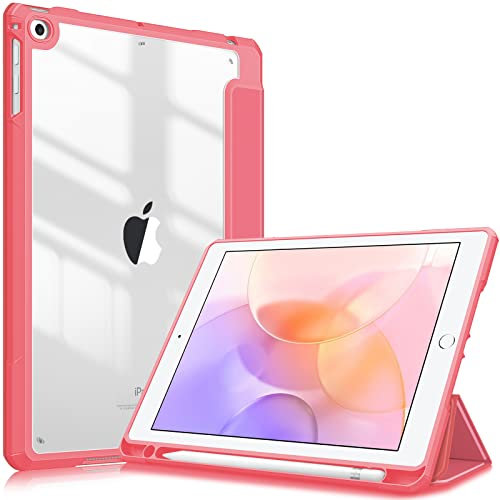 FINTIE Custodia per iPad 6a Gen. 2018 / 5a Gen. 2017 / iPad Air 2 / Air 9.7 Pollici con Pencil Holder, Antiurto Sottile Case Posteriore Trasparente Cover con Auto Sveglia/Sonno, Rosa