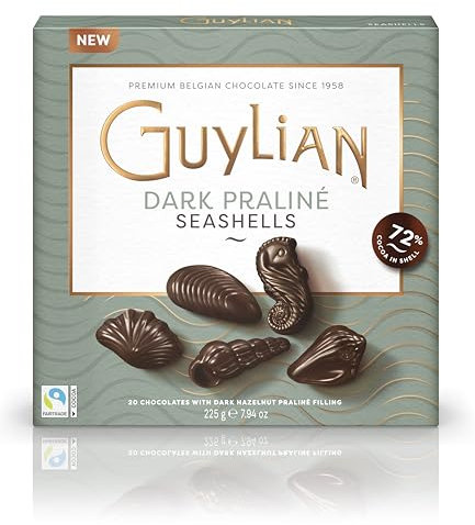 Guylian Bombones de Chocolate Belga, Bombón Relleno de Praliné de Chocolate Negro, Chocolate en forma de Frutos de Mar con 72% de Cacao, 20 Unidades por Envase, 225 g