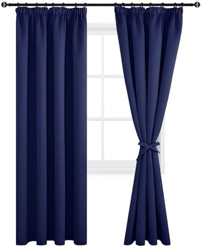 DWCN Verdunkelungsvorhänge Gardinen Thermo Vorhänge Blickdicht Kräuselband | 225x140cm(HöhexBreite), Dunkel Blau, 2er Set, Vorhang-Krawatten Thermovorhänge Kälteschutz für Wohnzimmer UV-Schutz Curtains