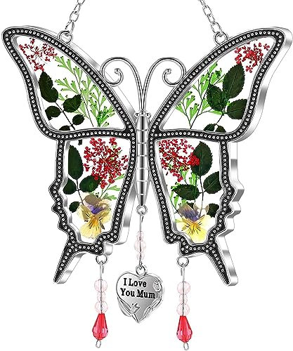 Farfalla giardino mamma regali per compleanno migliore mamma regali di compleanno regali di compleanno, I Love You Mom Hanging Wind Chime con fiore pressato, regalo di compleanno per mamma