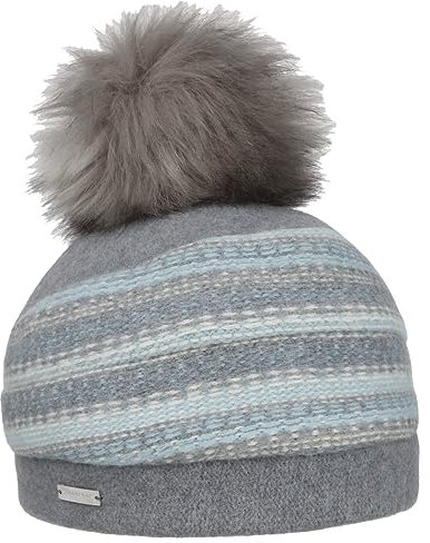 Seeberger Faux Fur Pom Walkmütze Wollmütze Bommelmütze Damenmütze Wintermütze Damen - Made in Germany Winter Herbst-Winter - One Size hellblau
