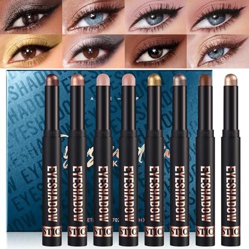 Erinde 8Pcs Cream Lidschatten Stift Set, Matt Metallic Lidschattenstift, Schimmer Eyeshadow Crayon Stick, Wasserfest Perlglanz Eyeliner Pencil, Long Lasting Eye Makeup Highlighter Stick