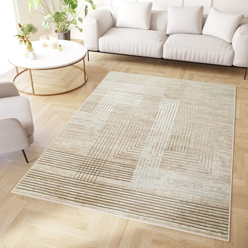 TAPISO Crystal Teppich Kurzflor Glänzend Beige Braun Weiß Streifen Geometrisch 3D Effekt Wohnzimmer Schlafzimmer Modern Design ÖKO-TEX 200 x 300 cm