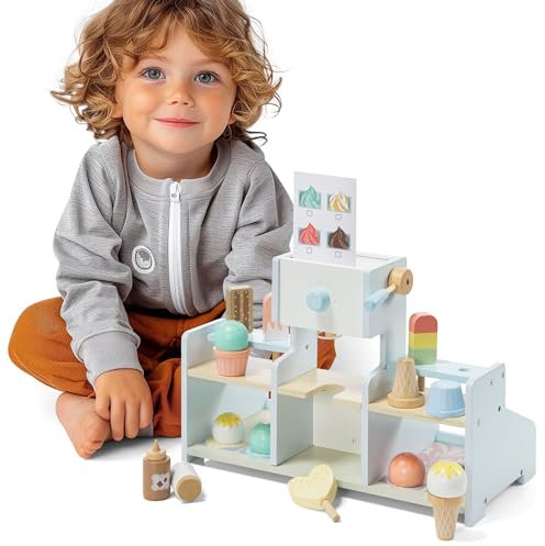 Navaris Heladeria de Juguete Montessori - Puesto de Helados y Alimentos de Madera para Niño y Niña de +3 Años - Juegos de Comida y Cocinita con Mostrador y Vajilla