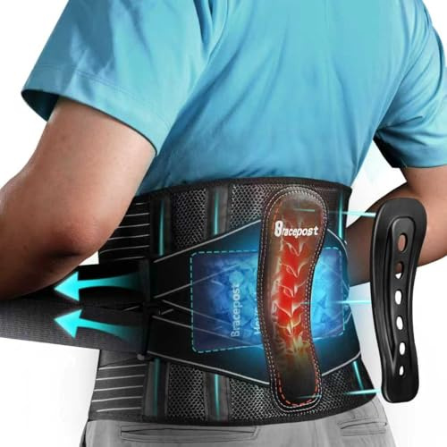 Bracepost Rückenbandage für Schmerzen im unteren Rücken, 2 wiederverwendbare Eisbeutel für Verletzungen, Lendenwirbelstützgürtel für Männer und Frauen, bionisches Wirbelsäulen-Design, Rückenbandage