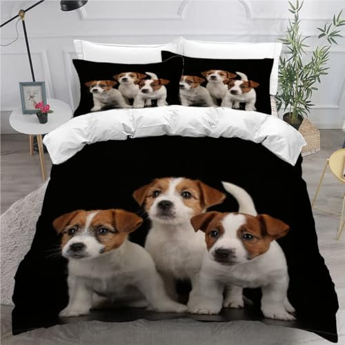 MEVASA Jack Russell Terrier Bettwäsche 220x240 3D Motiv Flauschige Bettbezug Schwarzer Welpe Qualität Luxus Atmungsaktiv Allergiker Mikrofaser Betten Set 3 Teilig mit Reißverschluss
