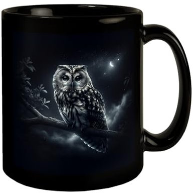 Eule auf einem Ast Tasse schwarz in Schwarz Stilvolle Nachttier-Vogel Tasse schwarz Elegante Eule in Dunkelheit Raubvogel mit Flügel-Gefieder für Nacht-Liebhaber EulenTasse