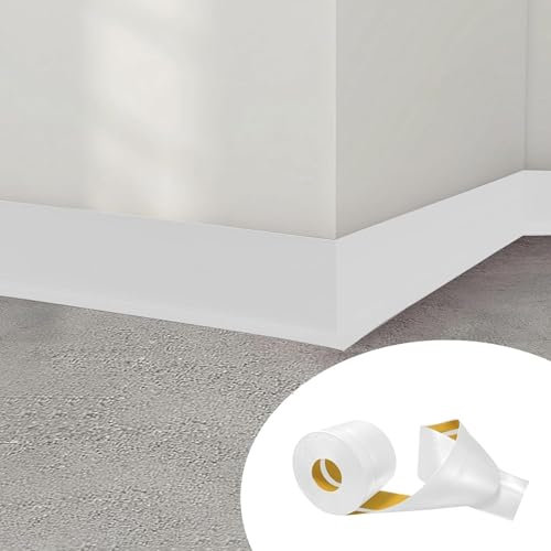Hengrongshen Sockelleiste Selbstklebend, PVC Weichsockelleiste 50 mm x 20 mm x 12 m, Flexible Leisten Selbstklebend Geeignet für Büros, Arbeitszimmer, Küchen, Badezimmer (Weiß)
