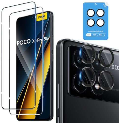 Funrae Protector de Pantalla para Xiaomi Poco X6 Pro 5G y Protector Lente Cámara [2+1 Piezas], 0.33MM HD Dureza 9H Ultra Resistente Cristal Templado Vidrio Templado