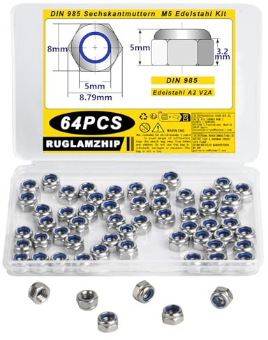 64 Pezzi Dadi M5, Dadi di Bloccaggio M5, Dadi di Autobloccanti Sicurezza, Dadi Esagonali in Acciaio Inox, Dado DIN 985 Dadi di Arresto per Viti Bulloni Filettati Inserti Filettati