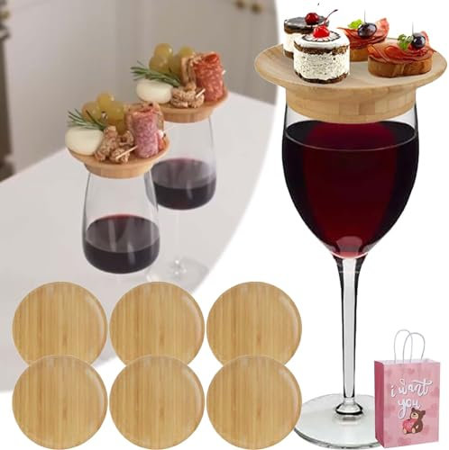Wine Glass Charcuterie Topper, 2024 Premium Charcuterie Wine Glass Topper, Wine Glass Charcuterie Board Topper, Bamboo Wine Glass Topper, Individual Charcuterie Boards Mini Wine Glass Topper (6pcs)