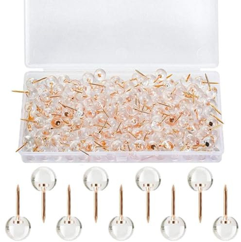 100Packs Drawing Pins, Head Rose Gold Round Pins for Pinboard, Clear Plastic Stationery Map Notice Board Thumb Tacks Pin Board Pinboard for School Cork Bulletin