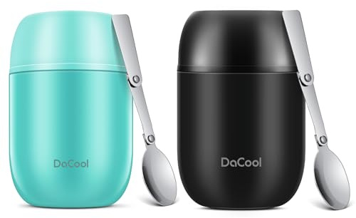DaCool 2 Pack Food Thermo for Hot Food 16 OZ Insulated Food Jar Kids Adult Vacuum Stainless Steel Lunch Thermo Insulated Lunch Container for School Office Picnic Travel Outdoors,Black+Cyan Blue