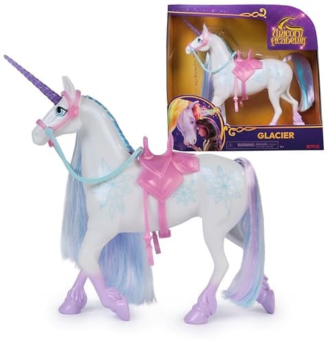 Unicorn Academy Einhorn Glacier – ca. 28 cm großes Einhorn von Layla zur beliebten Netflix-Serie, 2 Reitzubehörteilen und abnehmbarem Zaumzeug für realistisches Rollenspiel, ab 4 Jahren