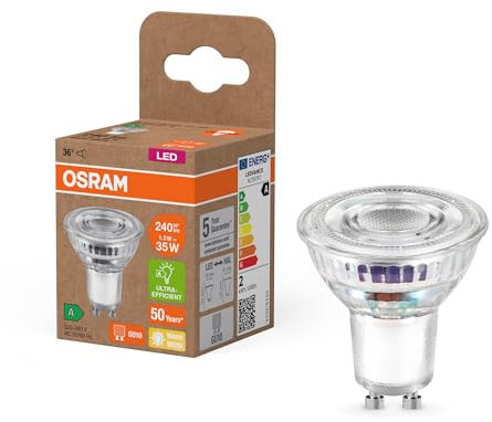 OSRAM Energy Class LED-Reflektor-Lampe PAR16 mit 1.3 W, 240 lm, warmweiß (2700 K) aus klarem bleifreiem Glas mit GU10 Sockel in der Energieeffizienzklasse A, 50 mm Durchmesser, IP20.