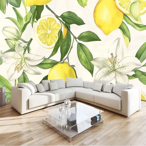 Jaune Clair Papier Peint Panoramique fleurs de citron et de lys Toison Mur 300x210 cm Moderne Papier Peint intissé pour Chambre Salon Bureau Personnalisé Décoration Murale