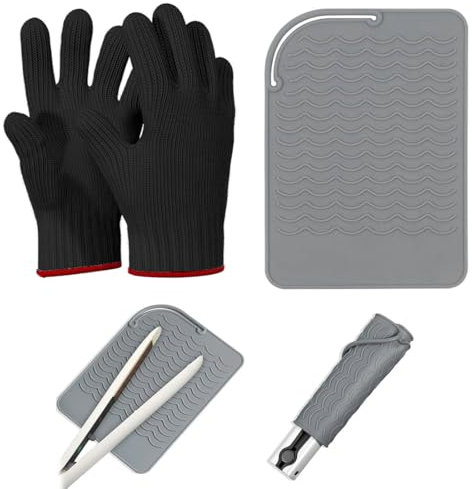 2PCS Guante Termico Peluqueria con 1 Alfombrilla de Silicona,Guantes Para Peinado con Calor,Guantes Para Planchar el Pelo,Guantes Profesionales a Prueba de Calor Para Herramientas de Cabello