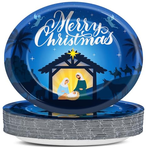 QOUBAI 50Pcs Christmas Nativity Oval Plates 11 Inch Large Merry Christmas Tableware Set Nativity Scene Jesus Disposable Dinnerware for Xmas Party Home Winter Holiday Religious Decoration Supplies