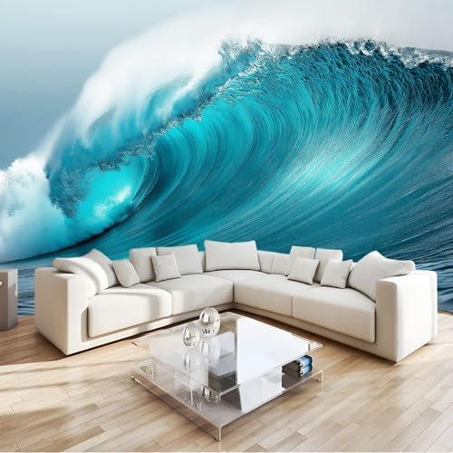 Papier Peint Bleu Turquoise Vagues 3D Panoramique Murale Salon 350x256 cm Papier Peint intissé pour Chambre Salon Personnalisé Décoration Murale