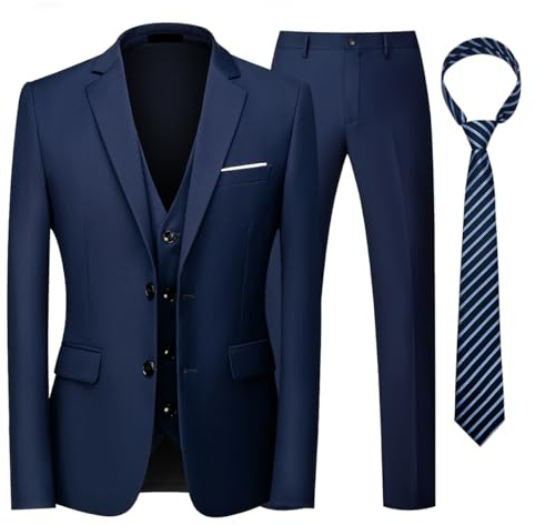 KUDORO Herren Anzüge 3-teilig Zwei Knöpfe Sakko Weste Hose mit Krawatte | Herren 3-Stücke Slim Fit Formell für Hochzeit Business
