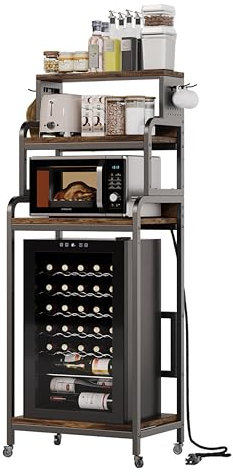 COCOLUCKY 4-Tier Mini Fridge Stand with Storage,Mini Fridge Cabinet with Power Outlet,Pegboard,Bakers Rack with Storage Shelf,Microwave Oven Stand,Mini Fridge Shelf for Dorm(Vintage Brown)