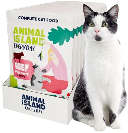 Animal Island Nassfutter Katze Adult Multipack Everyday Gezupftes Rindfleisch in Brühe Fleischstücke Getreidefrei Alleinfuttermittel Katzenfutter Feucht Vorratspack Beutel Rind & Huhn Saftig, 12 x 85g