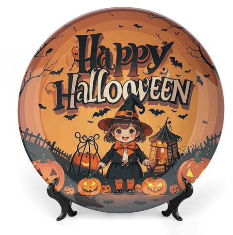 MNVTSKOP Dekorativer Teller aus Knochenporzellan, Aufschrift Happy Halloween, Trick-or-Treat, Keramik-Dekoteller mit Präsentationsständer, runde Speiseteller, Porzellan, 25,4 cm